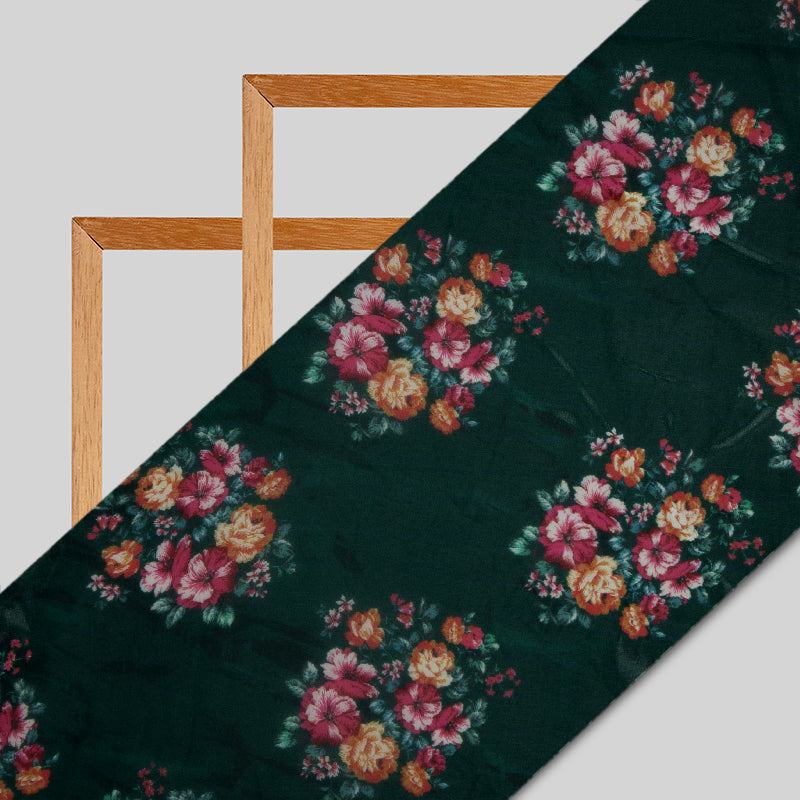 Bottle Green Floral Digital Print Premium Organza Fabric - Fabcurate