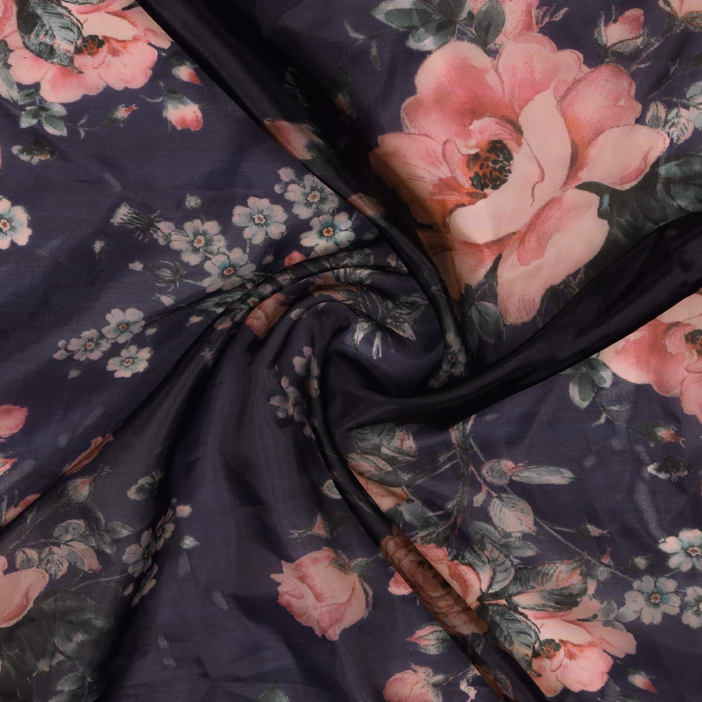 Navy Blue Floral Digital Print Organza Satin Fabric