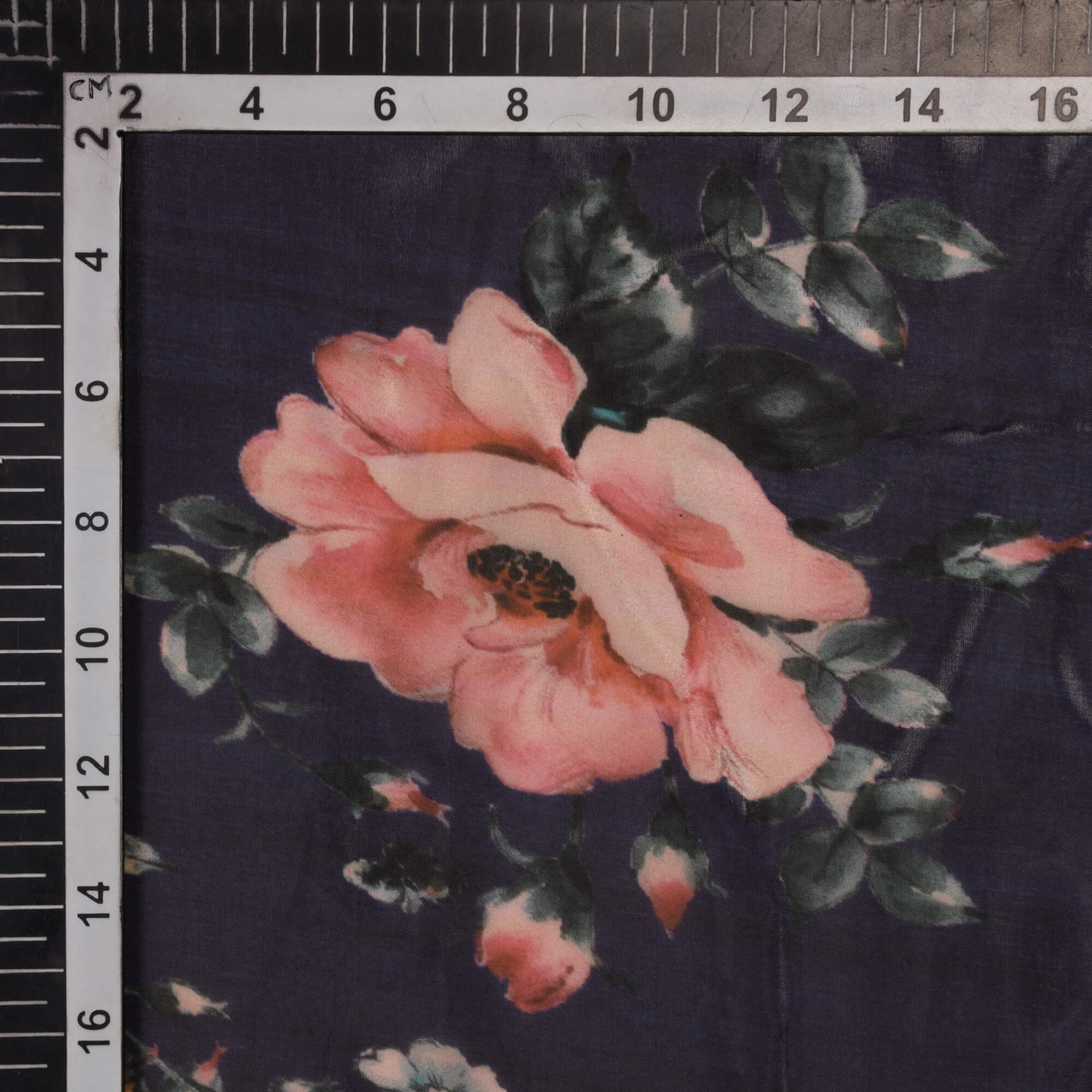 Navy Blue Floral Digital Print Organza Satin Fabric