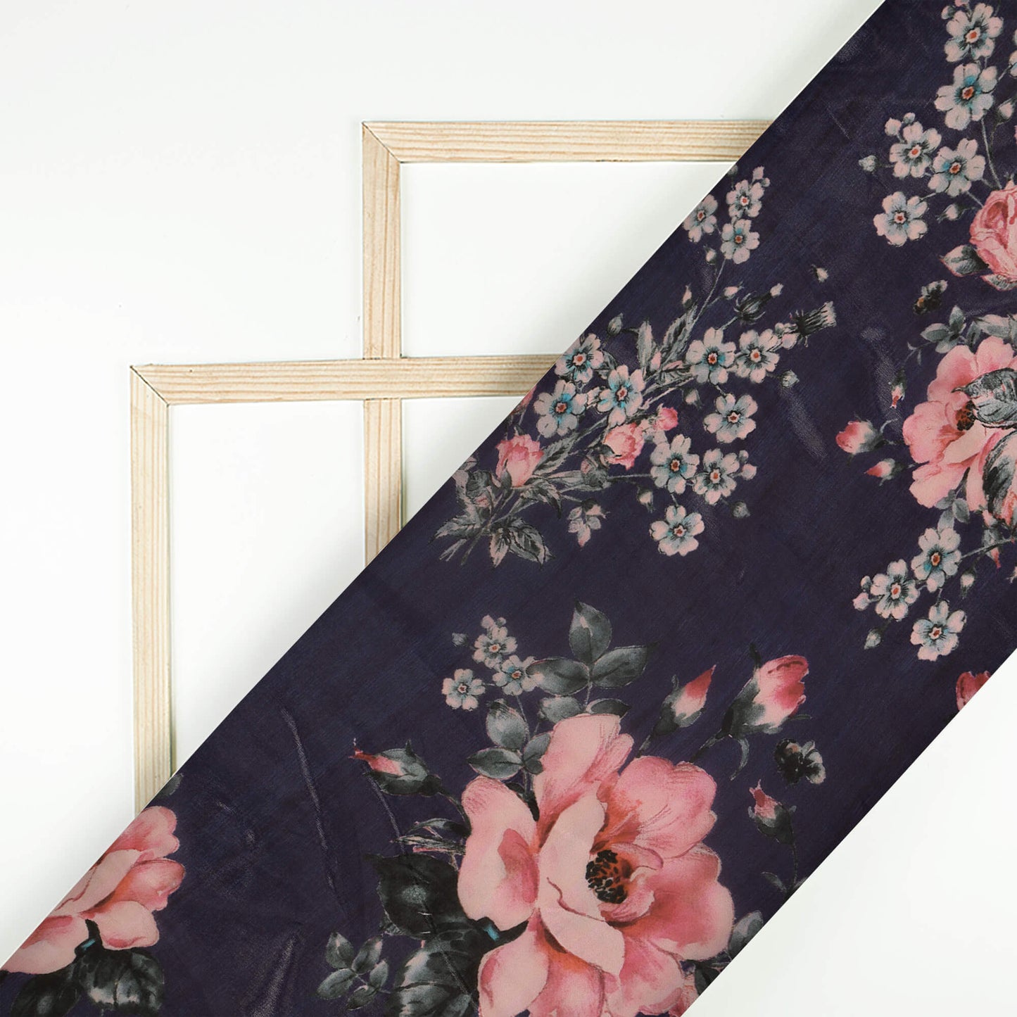 Navy Blue Floral Digital Print Organza Satin Fabric