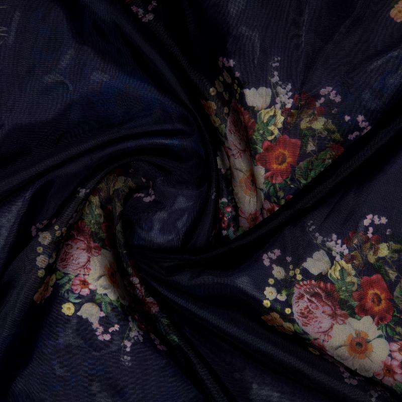 Navy Blue Floral Digital Print Premium Organza Fabric - Fabcurate