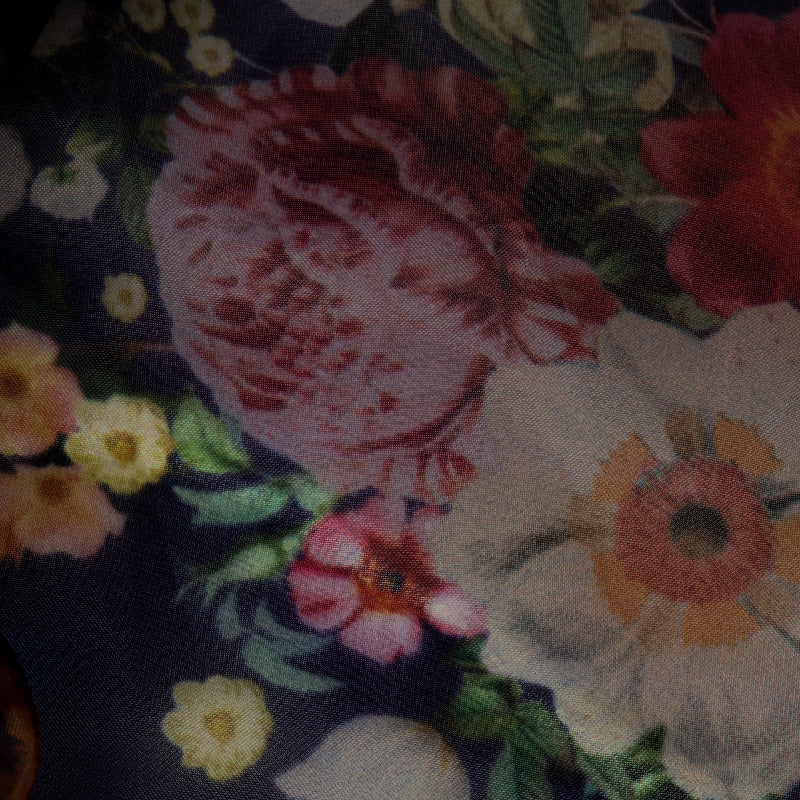 Navy Blue Floral Digital Print Premium Organza Fabric - Fabcurate