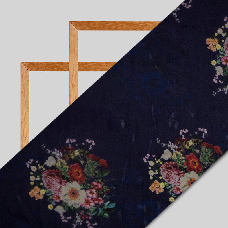 Navy Blue Floral Digital Print Premium Organza Fabric - Fabcurate