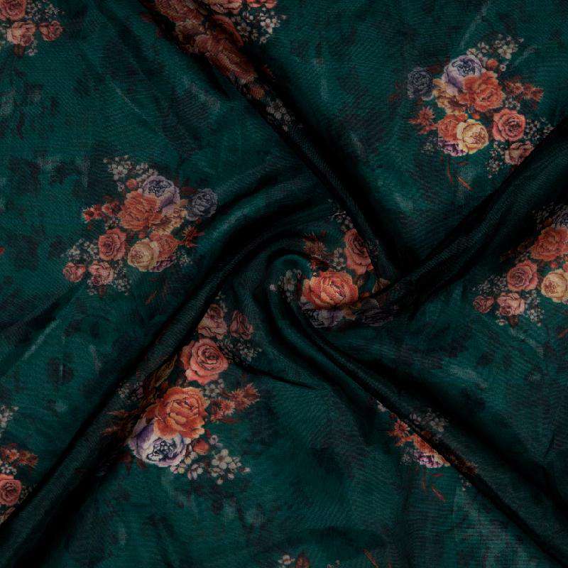 Dark Green Floral Digital Print Premium Organza Fabric - Fabcurate