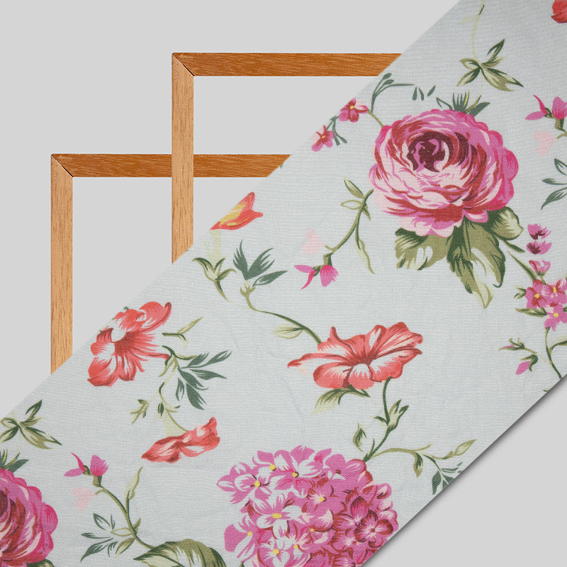 Light Grey Floral Digital Print Rayon Fabric - Fabcurate