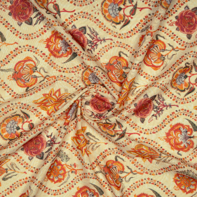 Cream And Red Floral Digital Print Rayon Fabric