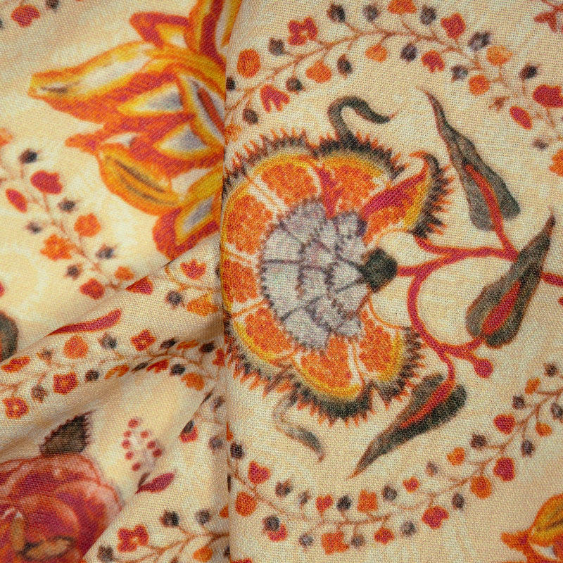 Cream And Red Floral Digital Print Rayon Fabric