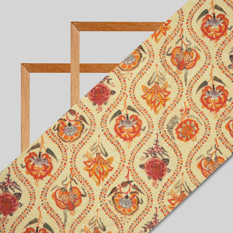 Cream And Red Floral Digital Print Rayon Fabric
