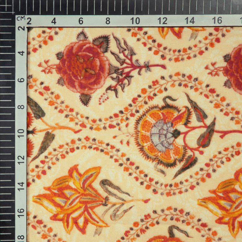 Cream And Red Floral Digital Print Rayon Fabric
