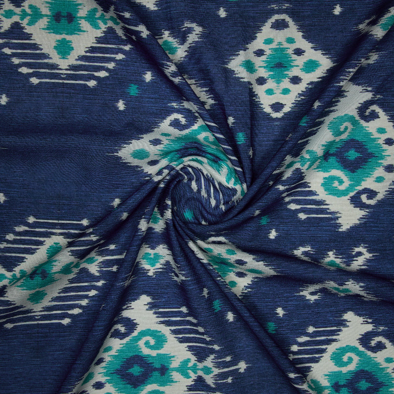 Blue Ikat Pattern Digital Print Rayon Fabric - Fabcurate