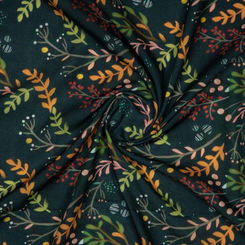 Bottle Green Leaf Digital Print Rayon Fabric - Fabcurate