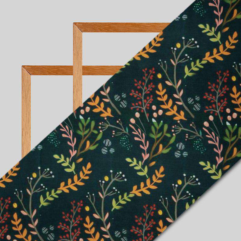 Bottle Green Leaf Digital Print Rayon Fabric - Fabcurate