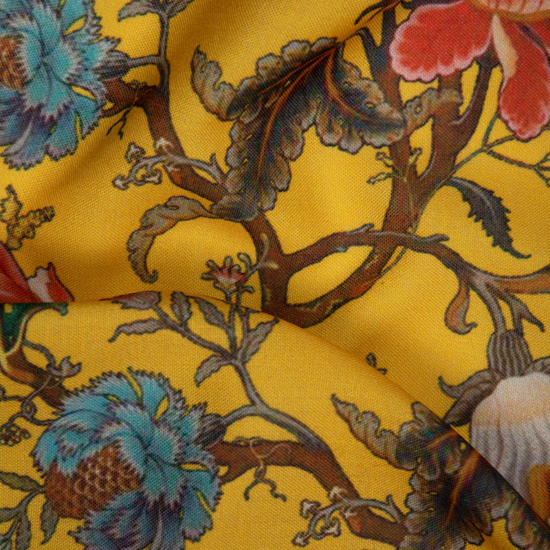 Yellow Ochre Floral Digital Print Rayon Fabric - Fabcurate