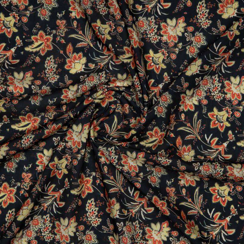 Black And Orange Floral Digital Print Rayon Fabric - Fabcurate