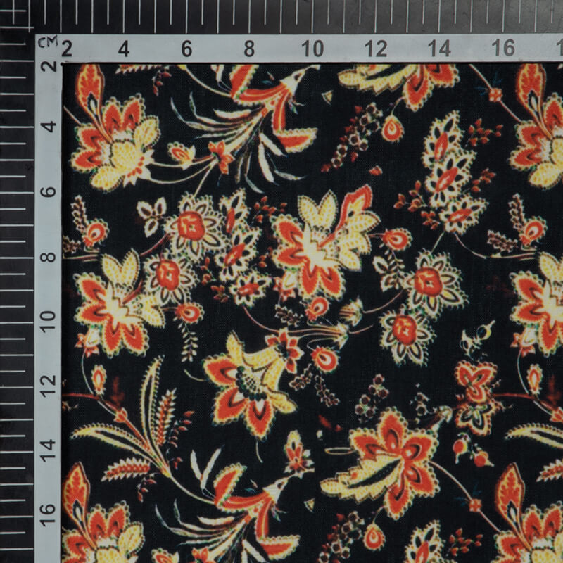 Black And Orange Floral Digital Print Rayon Fabric - Fabcurate