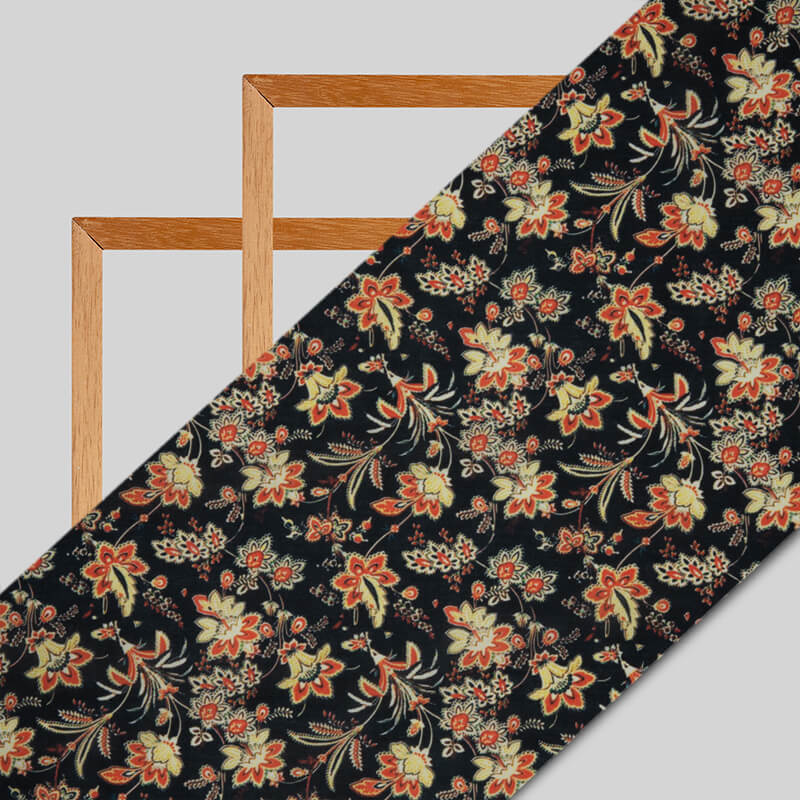 Black And Orange Floral Digital Print Rayon Fabric - Fabcurate