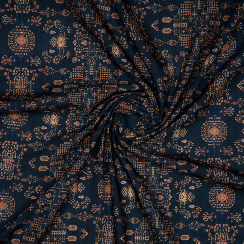 Navy Blue Ethnic Digital Print Rayon Fabric - Fabcurate