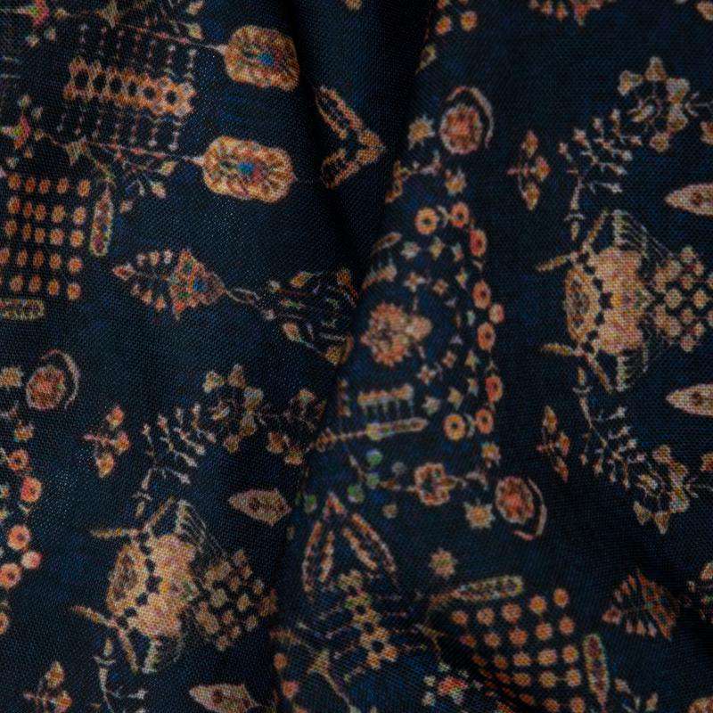 Navy Blue Ethnic Digital Print Rayon Fabric - Fabcurate