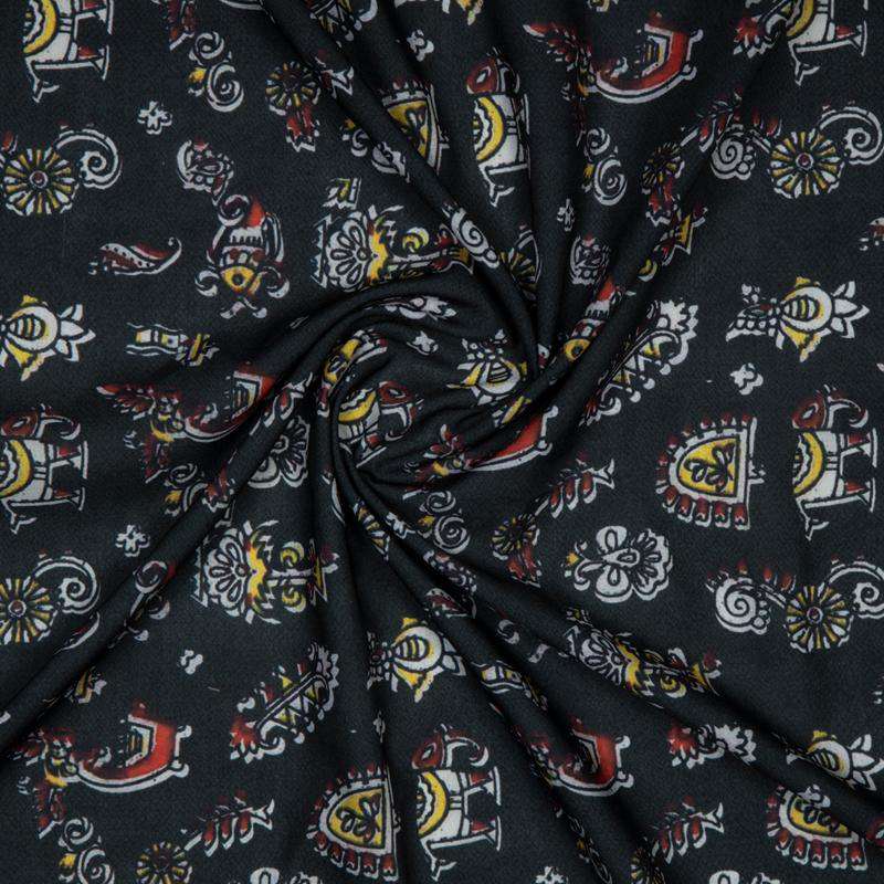 Black Object Digital Print Rayon Fabric - Fabcurate