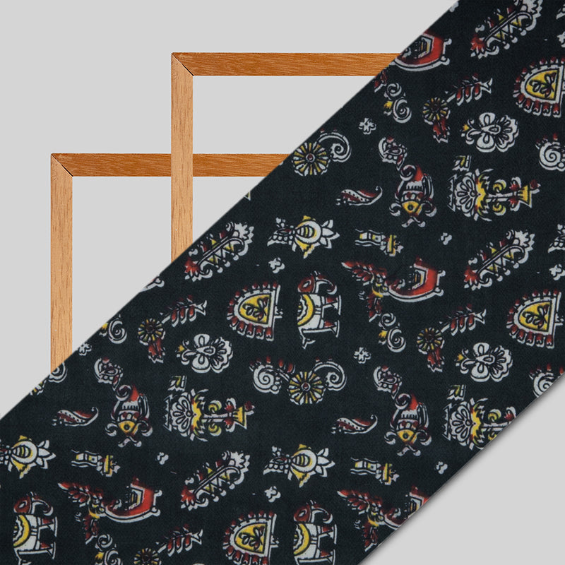 Black Object Digital Print Rayon Fabric - Fabcurate