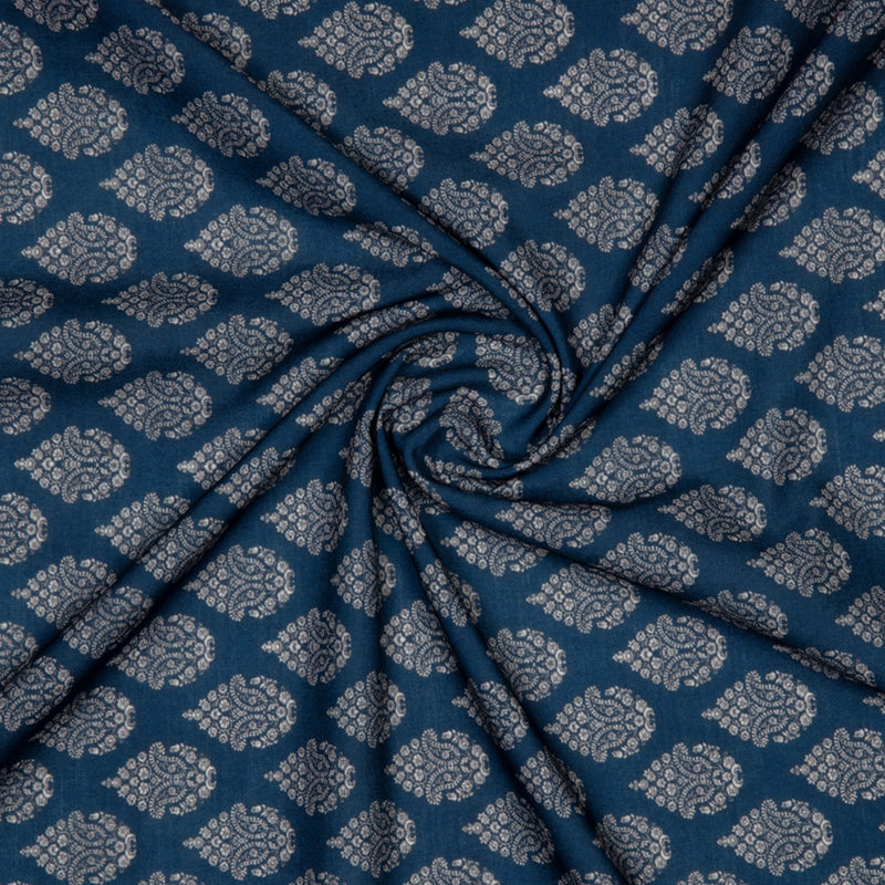 Navy Blue Ethnic Digital Print Rayon Fabric - Fabcurate