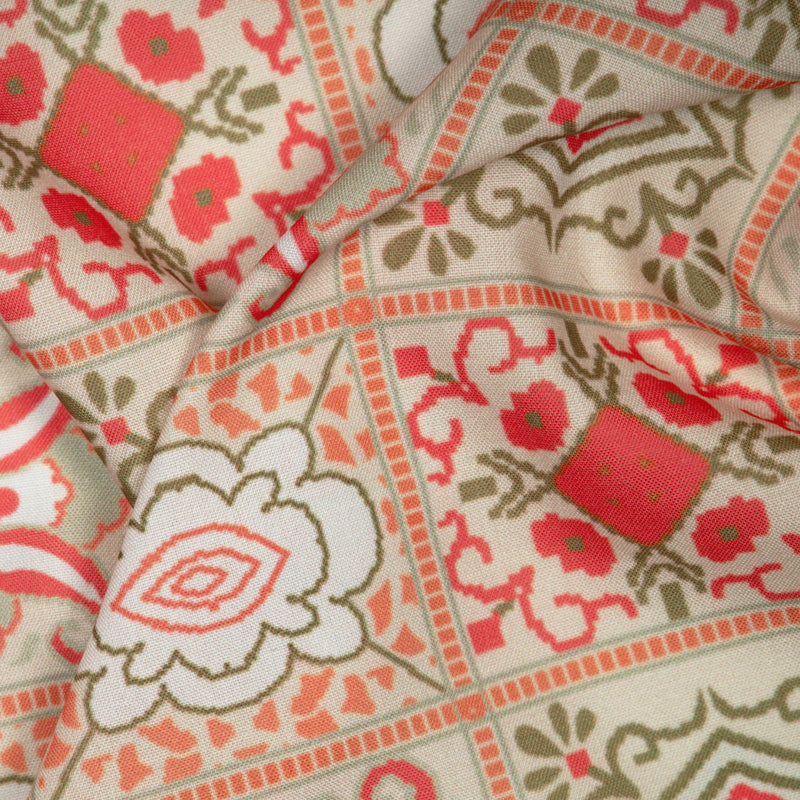 Beige And Pastel Pink Ethnic Digital Print Rayon Fabric - Fabcurate