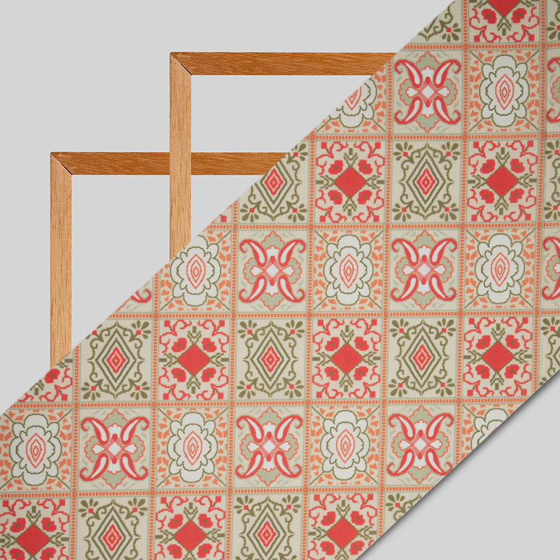 Beige And Pastel Pink Ethnic Digital Print Rayon Fabric - Fabcurate