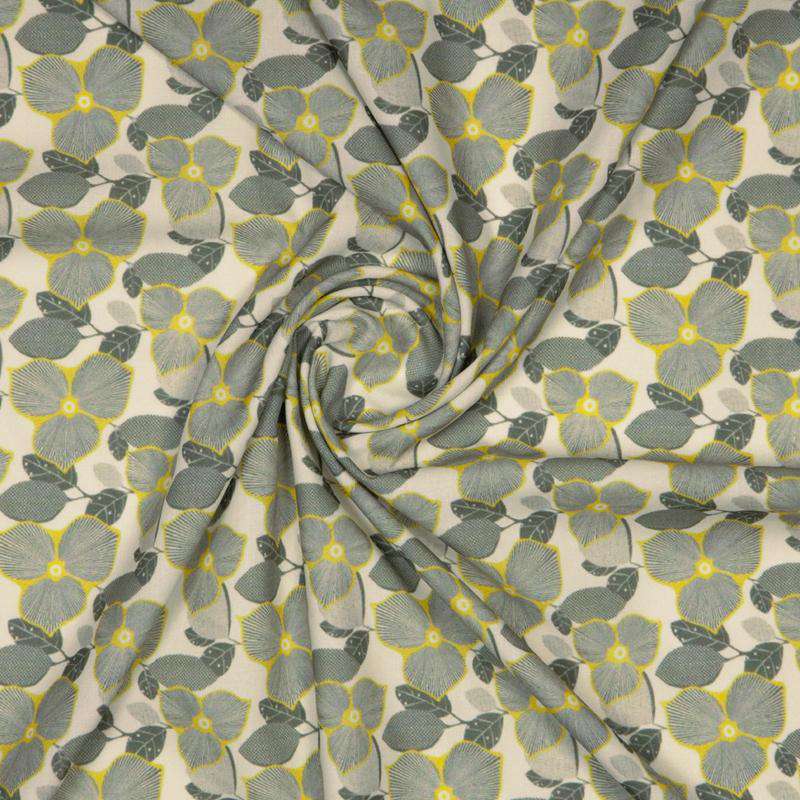 Cream And Grey Leaf Digital Print Rayon Fabric - Fabcurate