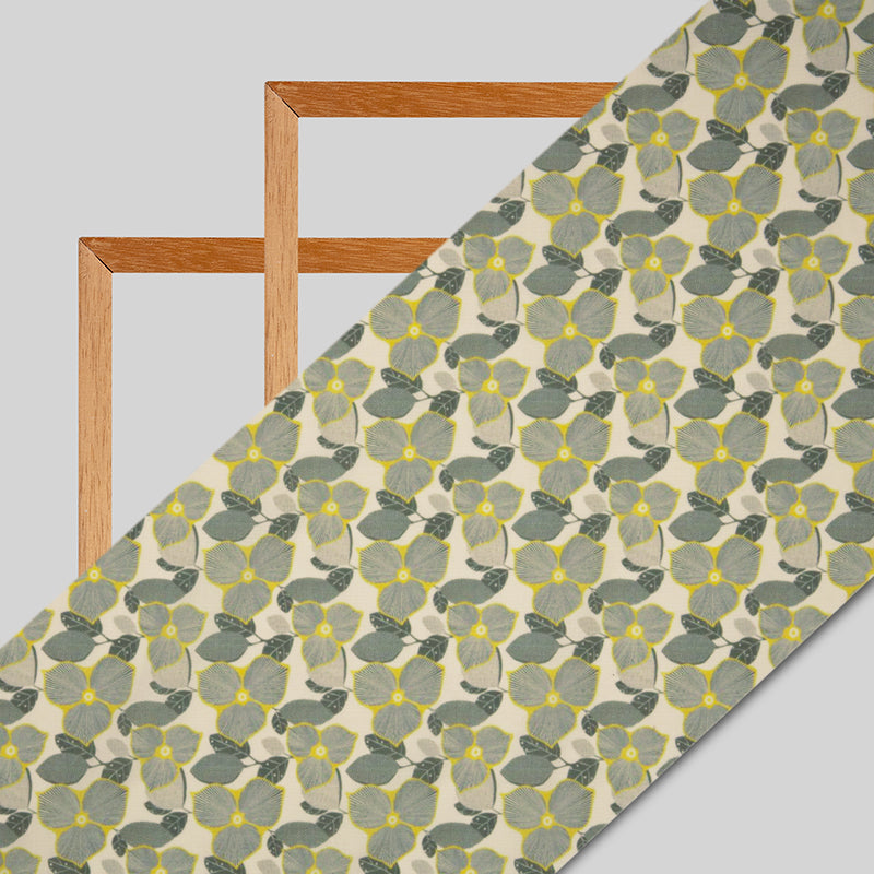 Cream And Grey Leaf Digital Print Rayon Fabric - Fabcurate