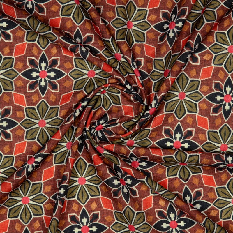Brown Ethnic Digital Print Rayon Fabric - Fabcurate