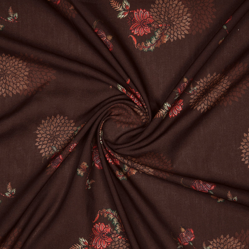 Brown Mughal Floral Digital Print Rayon Fabric - Fabcurate