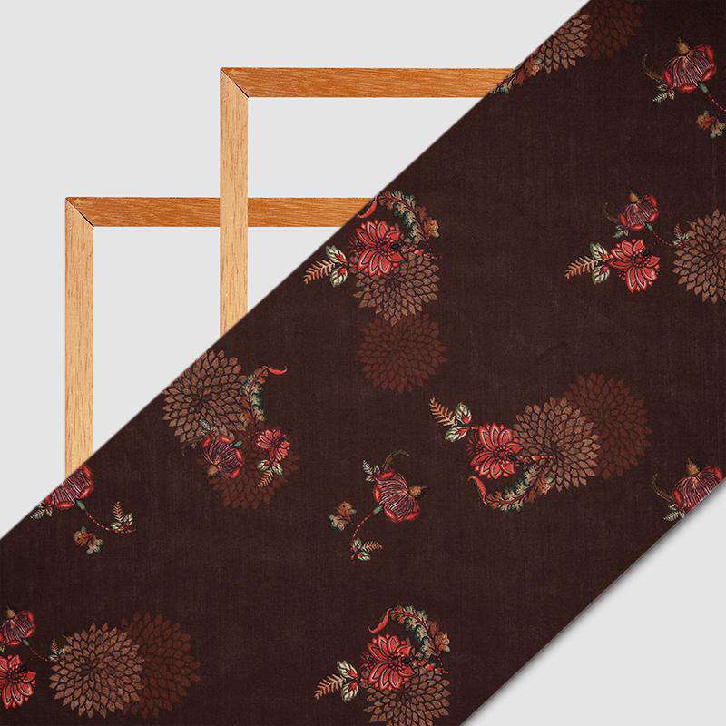 Brown Mughal Floral Digital Print Rayon Fabric - Fabcurate