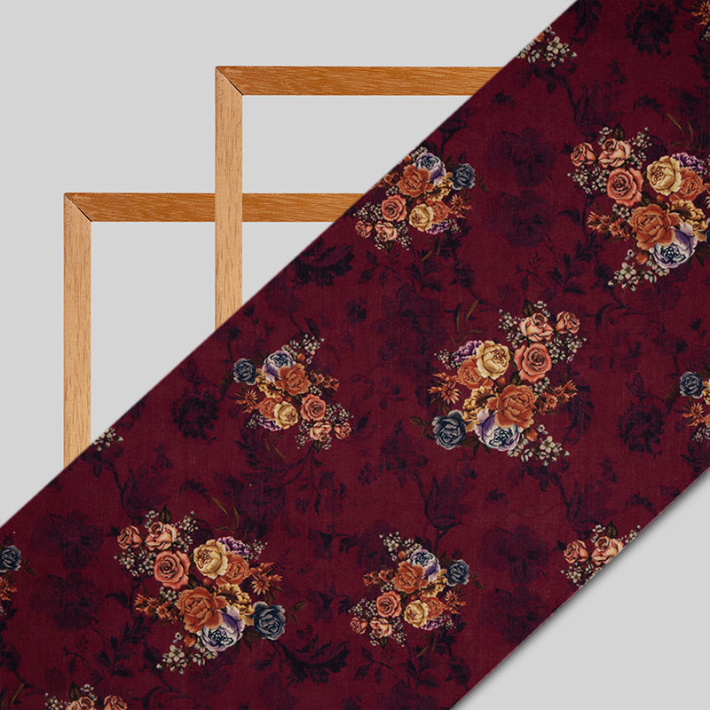 Maroon Floral Digital Print Rayon Fabric - Fabcurate