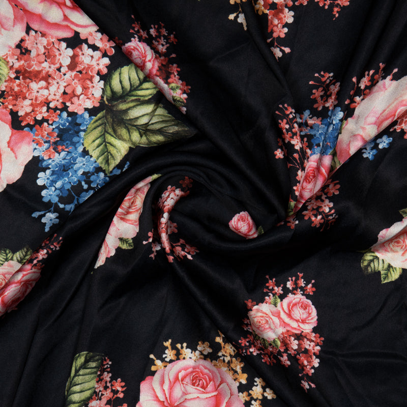 Black Floral Digital Print Japan Satin Fabric - Fabcurate