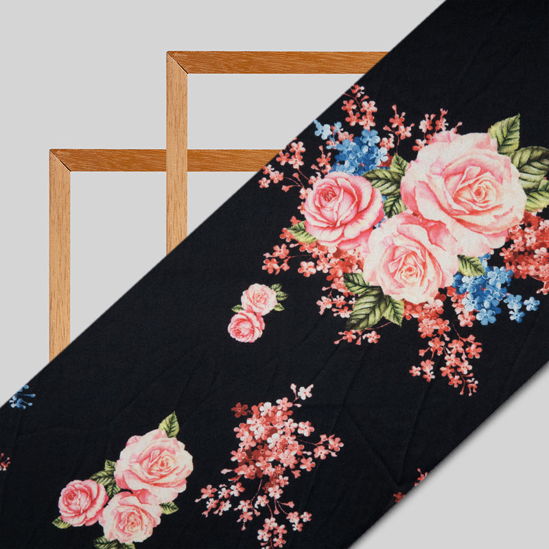 Black Floral Digital Print Japan Satin Fabric - Fabcurate