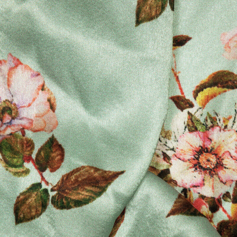 Pool Blue And Pink Floral Digital Print Japan Satin Fabric - Fabcurate