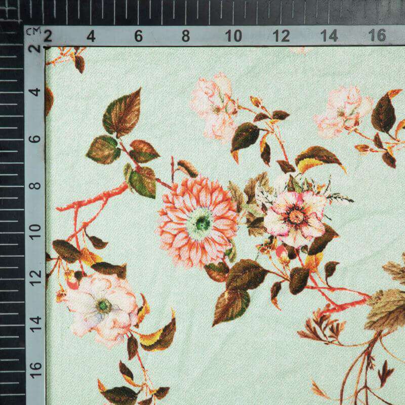 Pool Blue And Pink Floral Digital Print Japan Satin Fabric - Fabcurate