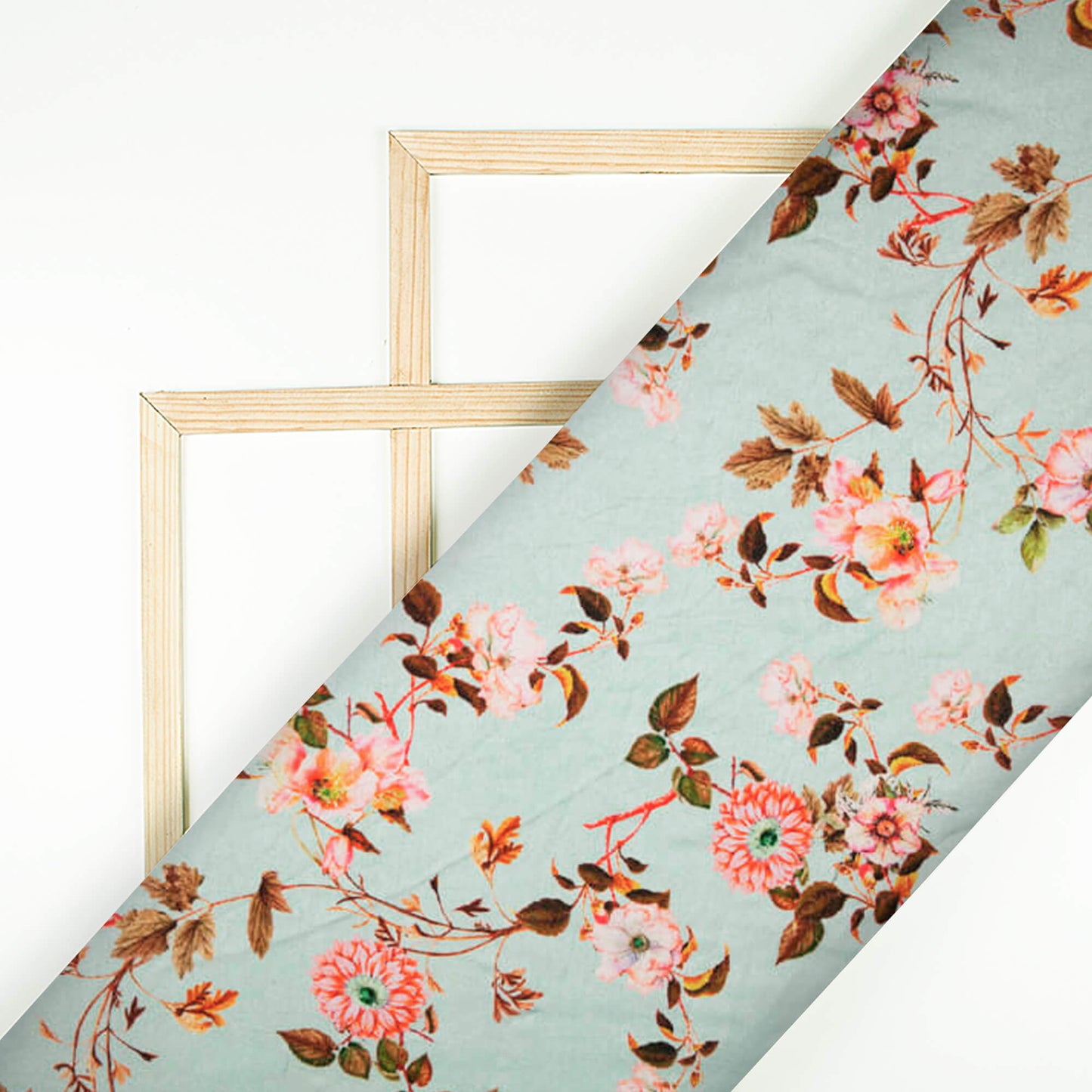Pool Blue And Pink Floral Digital Print Japan Satin Fabric - Fabcurate