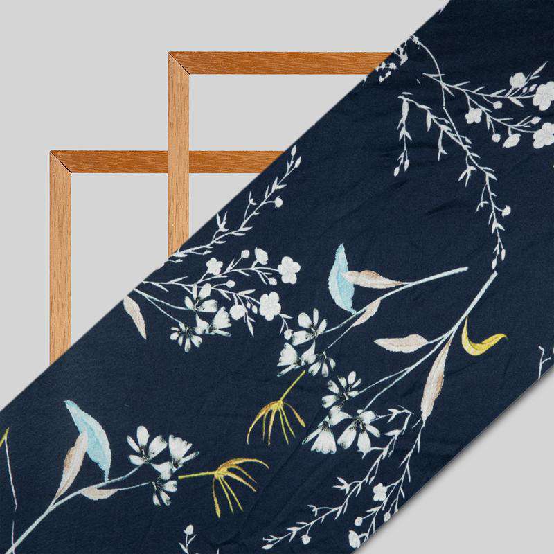 Navy Blue Floral Digital Print Japan Satin Fabric - Fabcurate