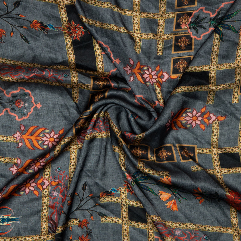 Grey Ethnic Digital Print Japan Satin Fabric - Fabcurate