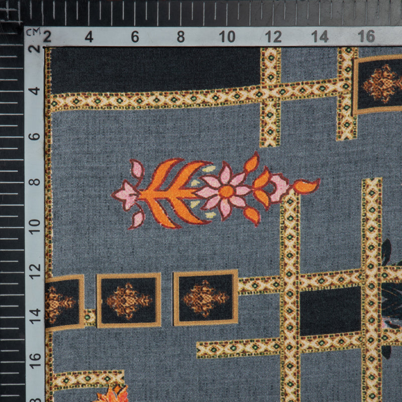 Grey Ethnic Digital Print Japan Satin Fabric - Fabcurate