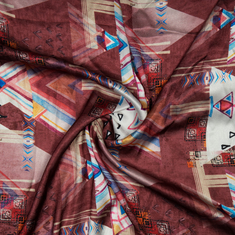 Brown Geometrical Digital Print Japan Satin Fabric - Fabcurate