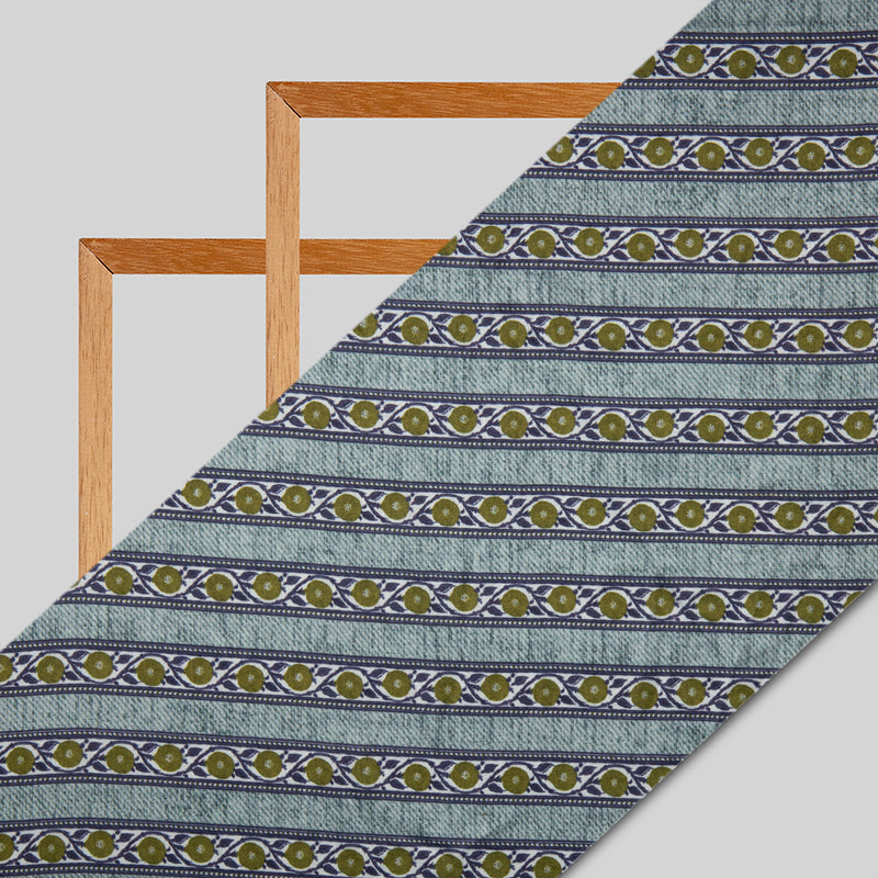 Blue And Olive Stripes Digital Print Japan Satin Fabric - Fabcurate
