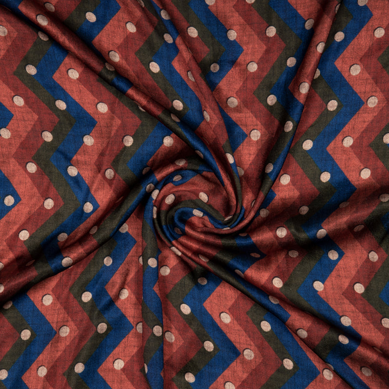 Brown And Blue Chevron Digital Print Japan Satin Fabric - Fabcurate