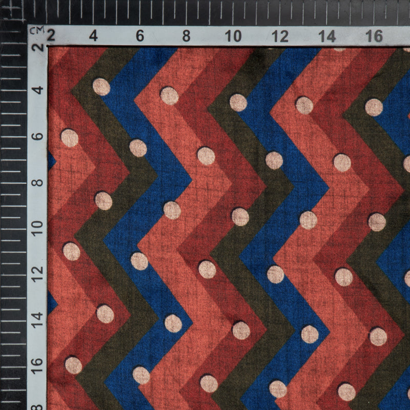 Brown And Blue Chevron Digital Print Japan Satin Fabric - Fabcurate