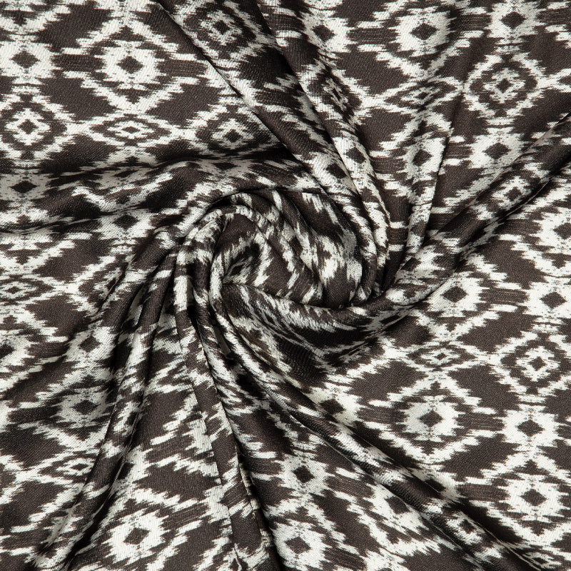 Brown Ikat Pattern Digital Print Japan Satin Fabric - Fabcurate