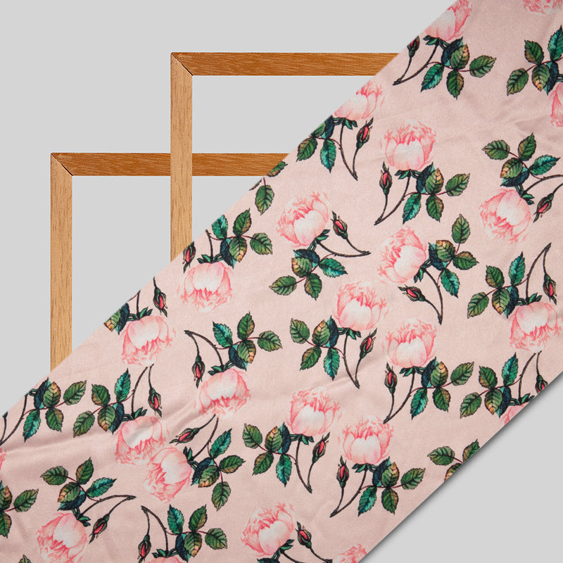 Pink Floral Digital Print Japan Satin Fabric - Fabcurate