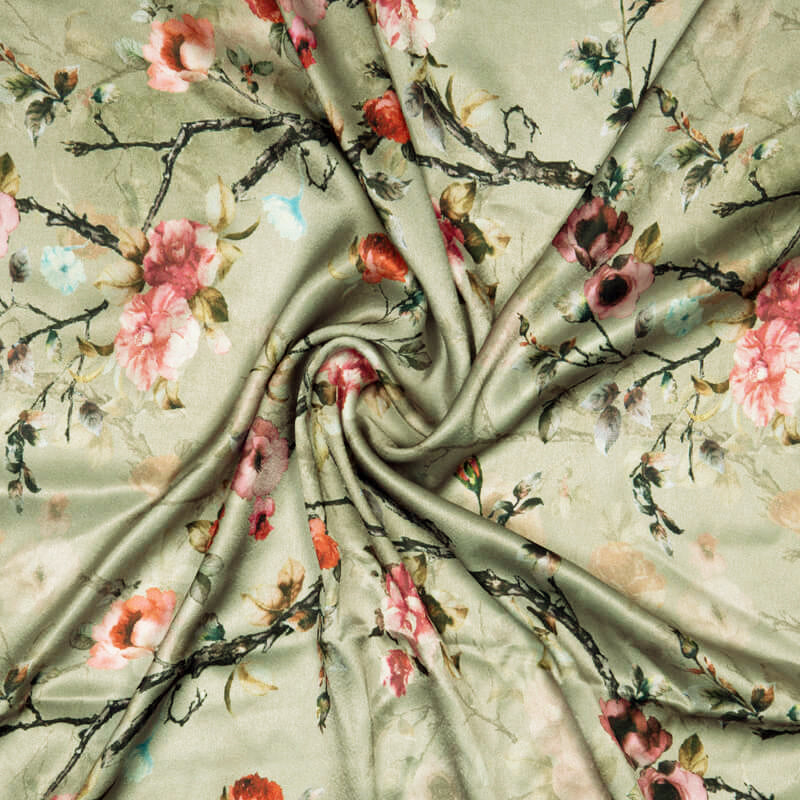 Moss Green Floral Digital Print Japan Satin Fabric