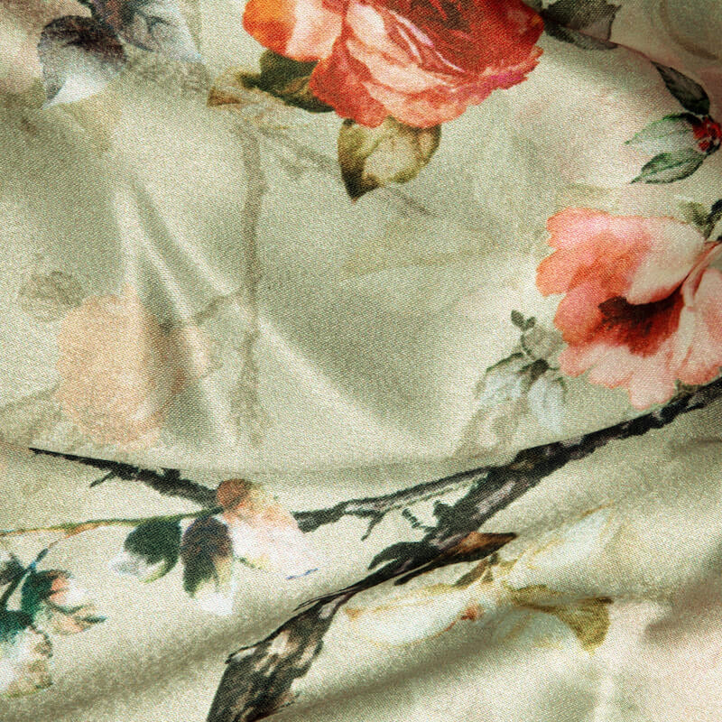 Moss Green Floral Digital Print Japan Satin Fabric