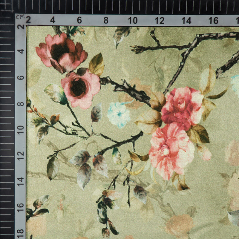 Moss Green Floral Digital Print Japan Satin Fabric